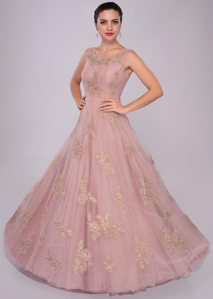 Buy Lemonade Pink Gown In Net With Floral Embroidered Butti Online Kalki Fashion