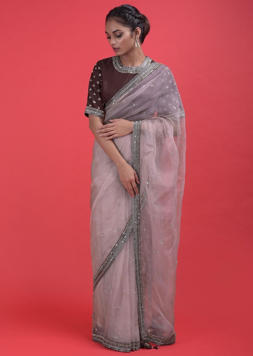 Buy Lemonade Pink Saree In Organza With Mirror Work And A Buy Lemonade Pink Saree In Organza With Mirror Work And A
