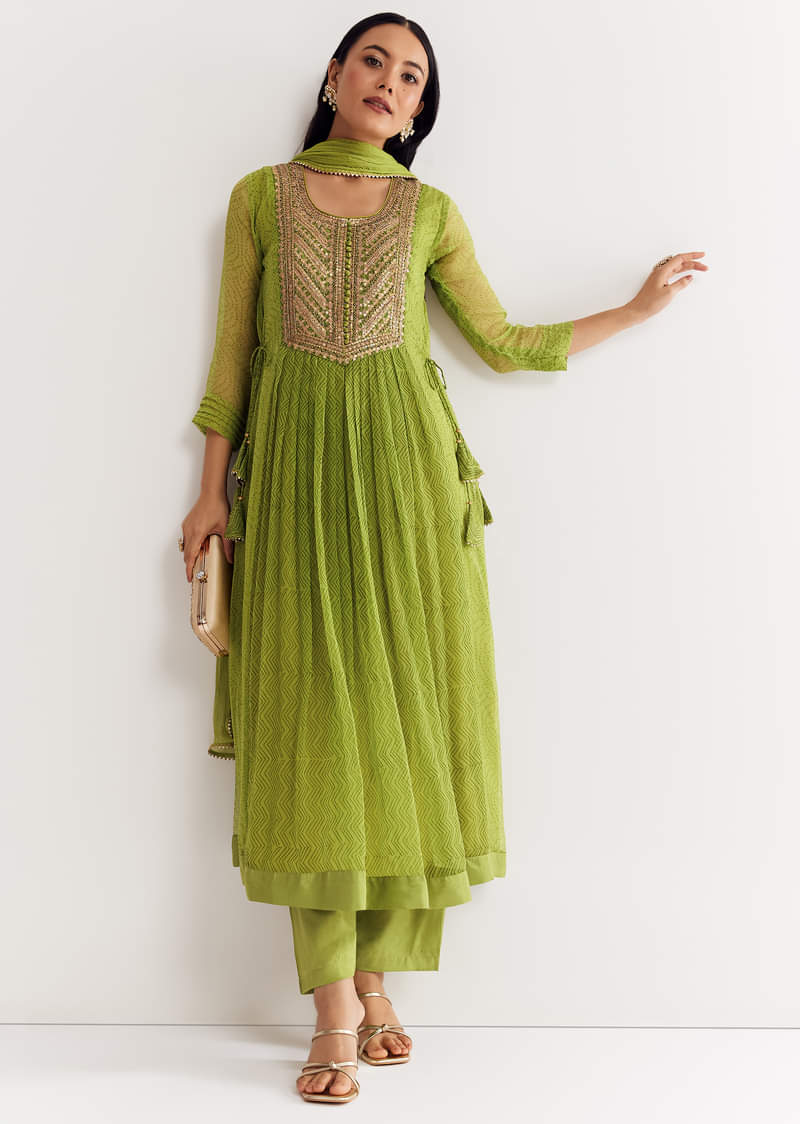 Light Green Printed Chiffon Kurta Dupatta Set With Sequin Work