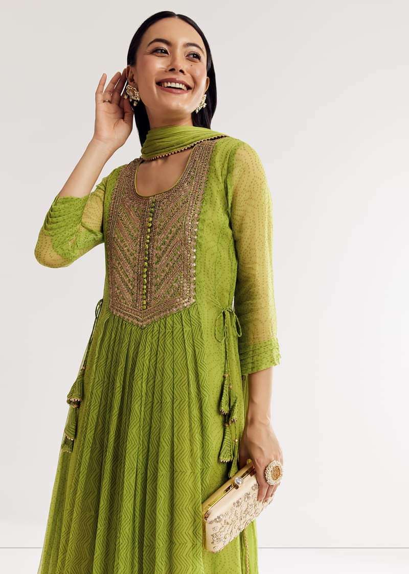 Light Green Printed Chiffon Kurta Dupatta Set With Sequin Work