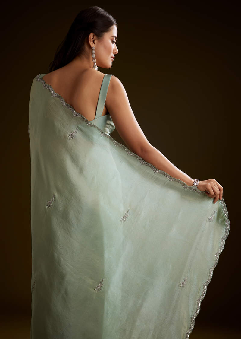 Light Green Tissue Saree With Cutdana Embroidery And Scallop Border