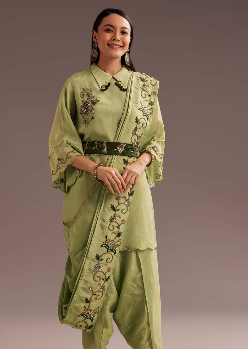 Light Green Zardosi Kurta With Embroidered Dupatta Belt
