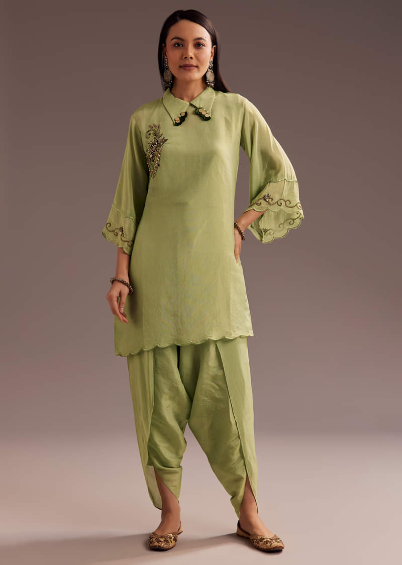 Light Green Zardosi Kurta With Embroidered Dupatta Belt