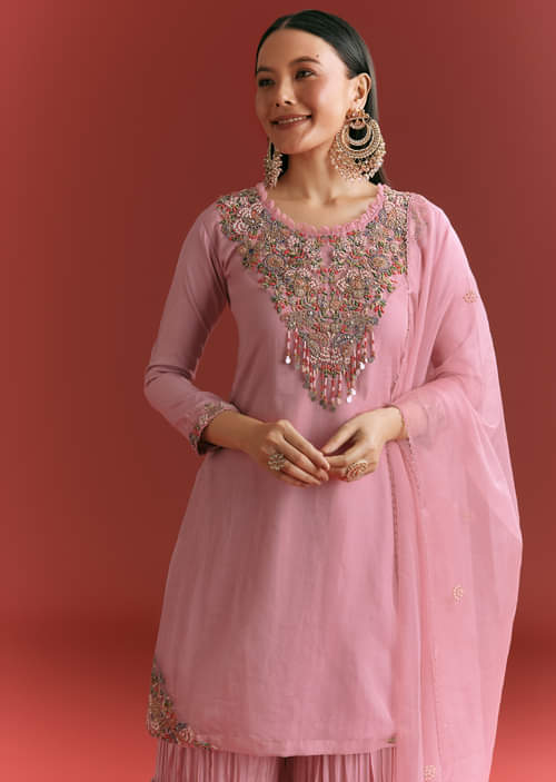 Buy Light Pink Organza Kurta Sharara Suit With Embroidery