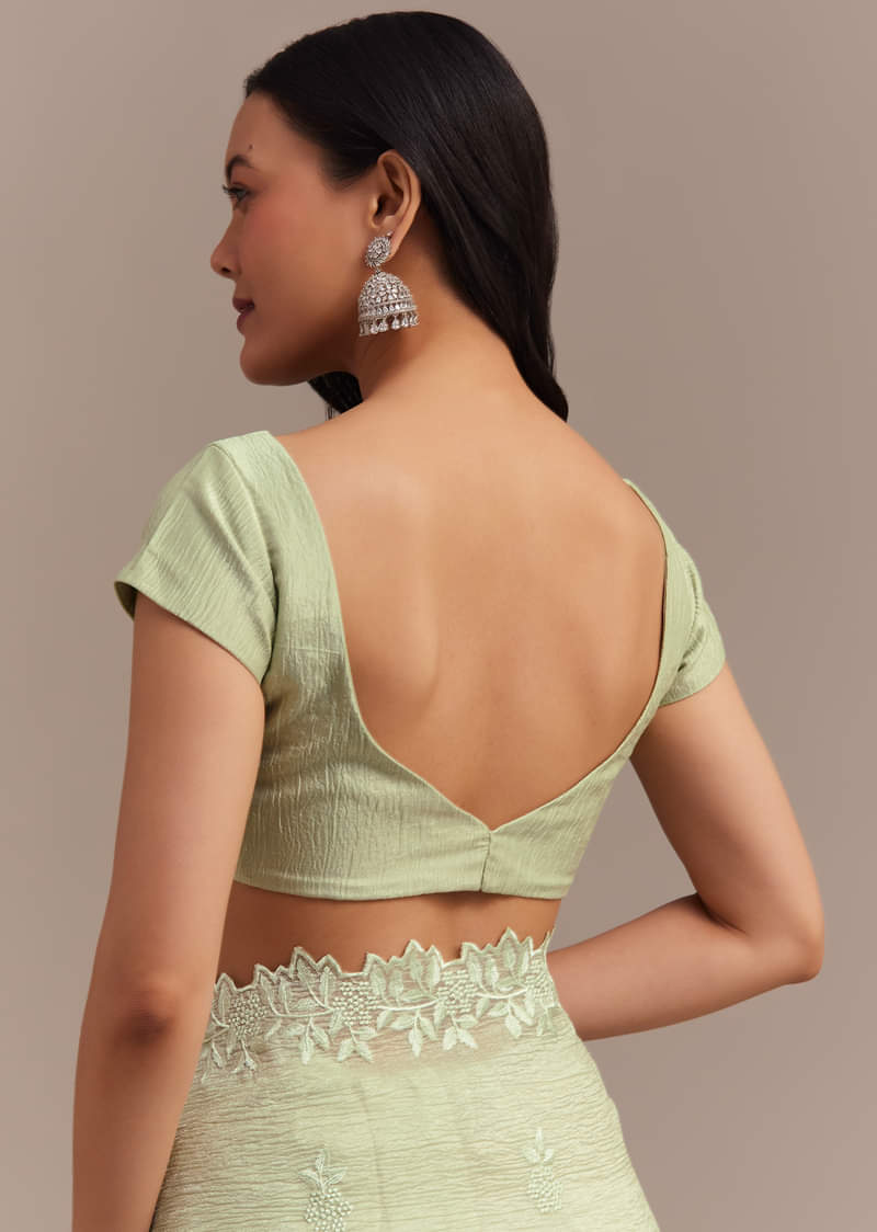 Light Green Crushed Tissue Saree With Resham Embroidered Border