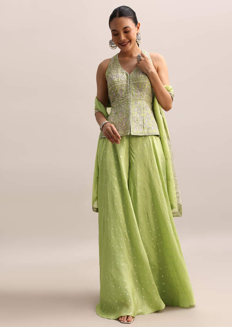Light Green Embroidered Tissue Kurta Palazzo With Dupatta