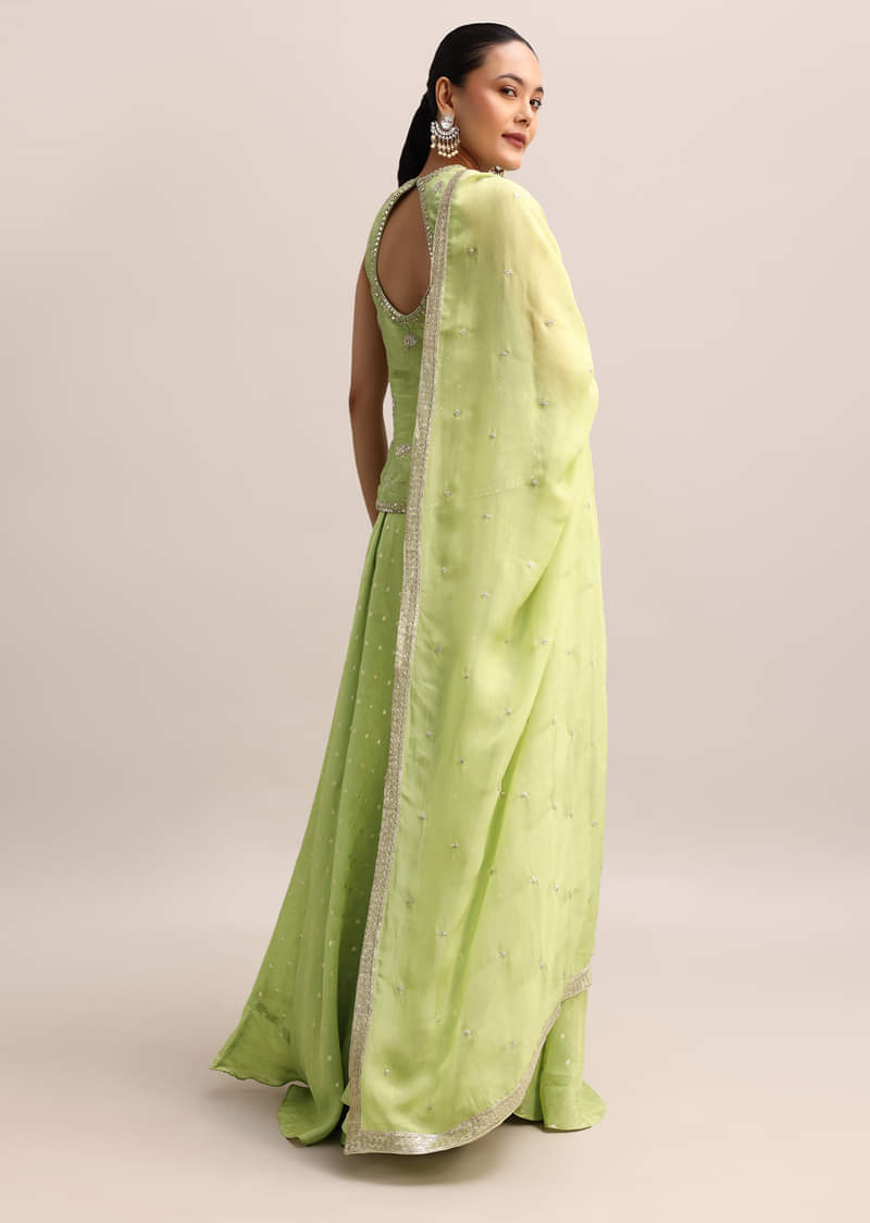 Light Green Embroidered Tissue Kurta Palazzo With Dupatta