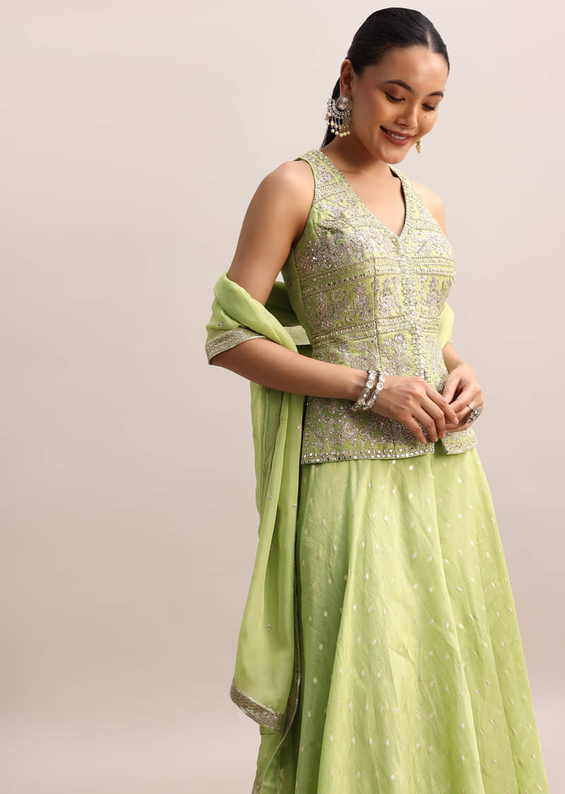 Light Green Embroidered Tissue Kurta Palazzo With Dupatta