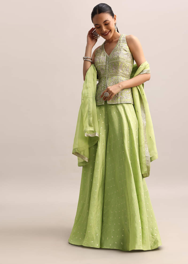 Light Green Embroidered Tissue Kurta Palazzo With Dupatta