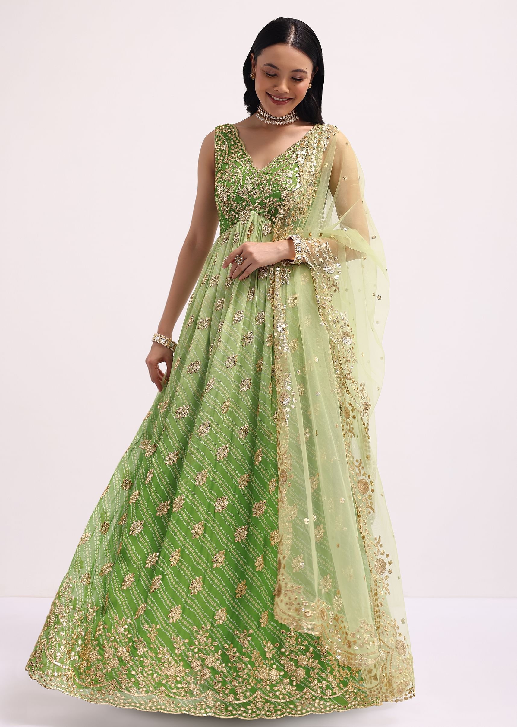 Buy Light Green Georgette Bandhani Printed Anarkali Set With Gotta Pati