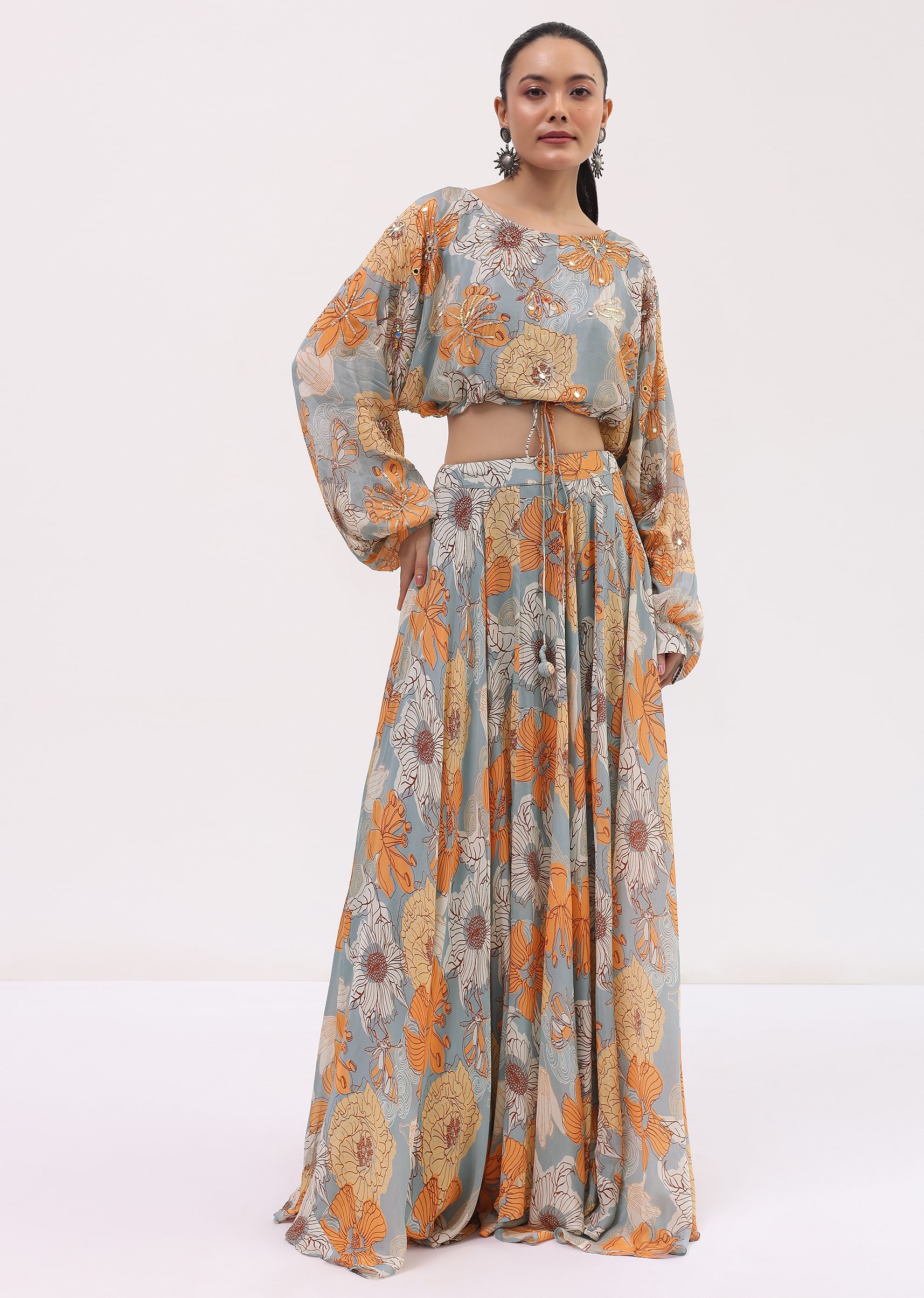 Buy Light Grey Printed Chiffon Crop Top And Skirt KALKI Fashion India