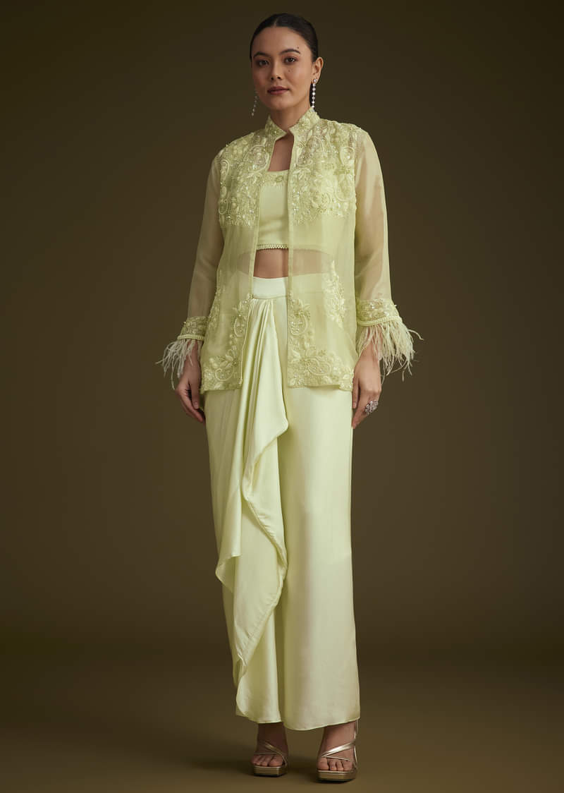 Light Lime Green Embroidered Crop Top And Jacket Set