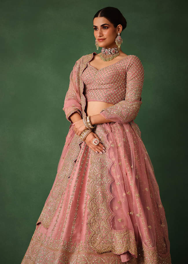 Light Pink Raw Silk Hand Embroidered Lehenga Set