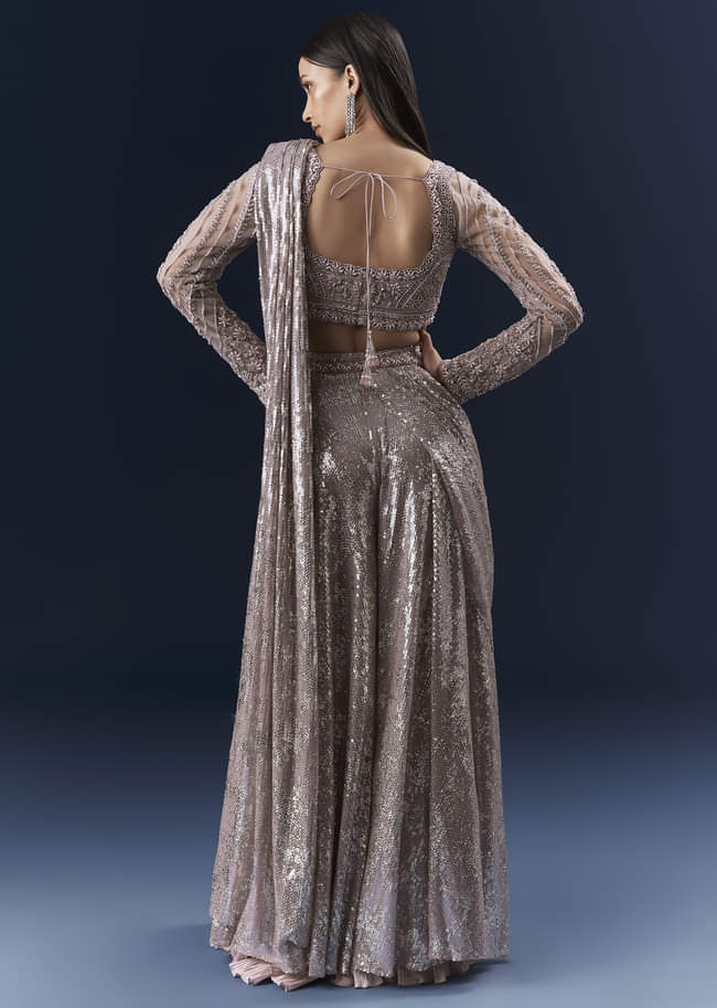 Lilac  Imported Sequins Crop Top And Palazzo Pants With Attached Dupatta