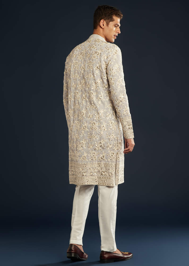 Lilac Silk  Mens Kurta Set with Resham Sequin Work