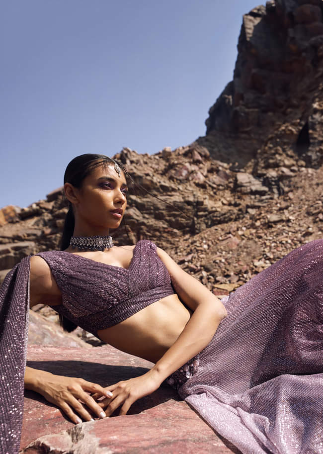 Lilac Crushed Shimmer Lehenga With Blouse And Cape