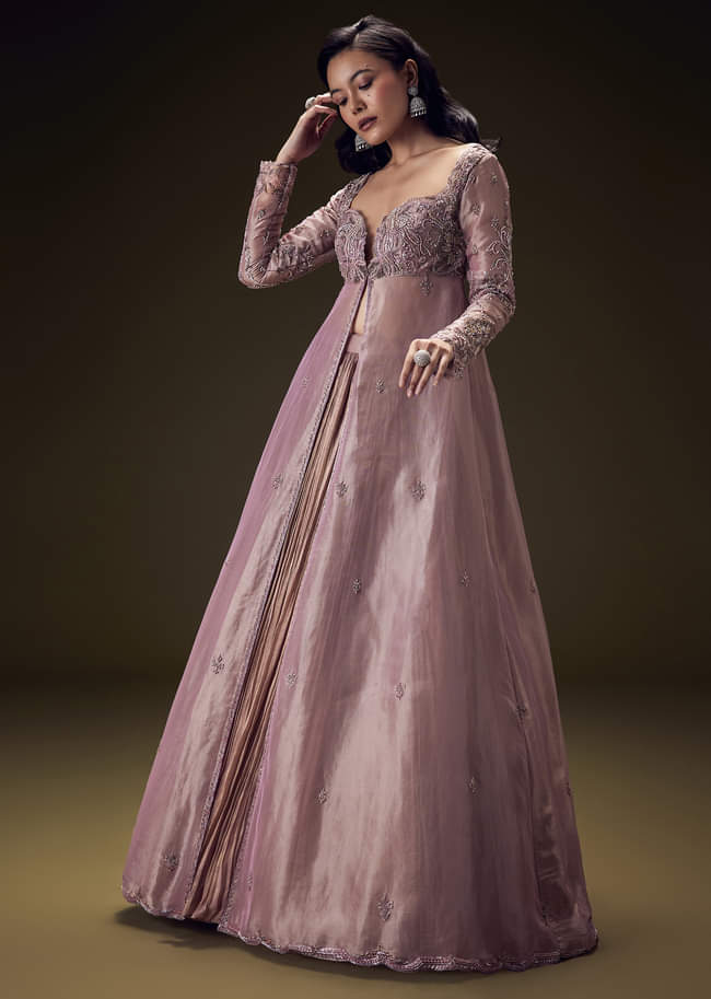 Dusty Lilac Embroidered Long Jacket With Ruched Lehenga