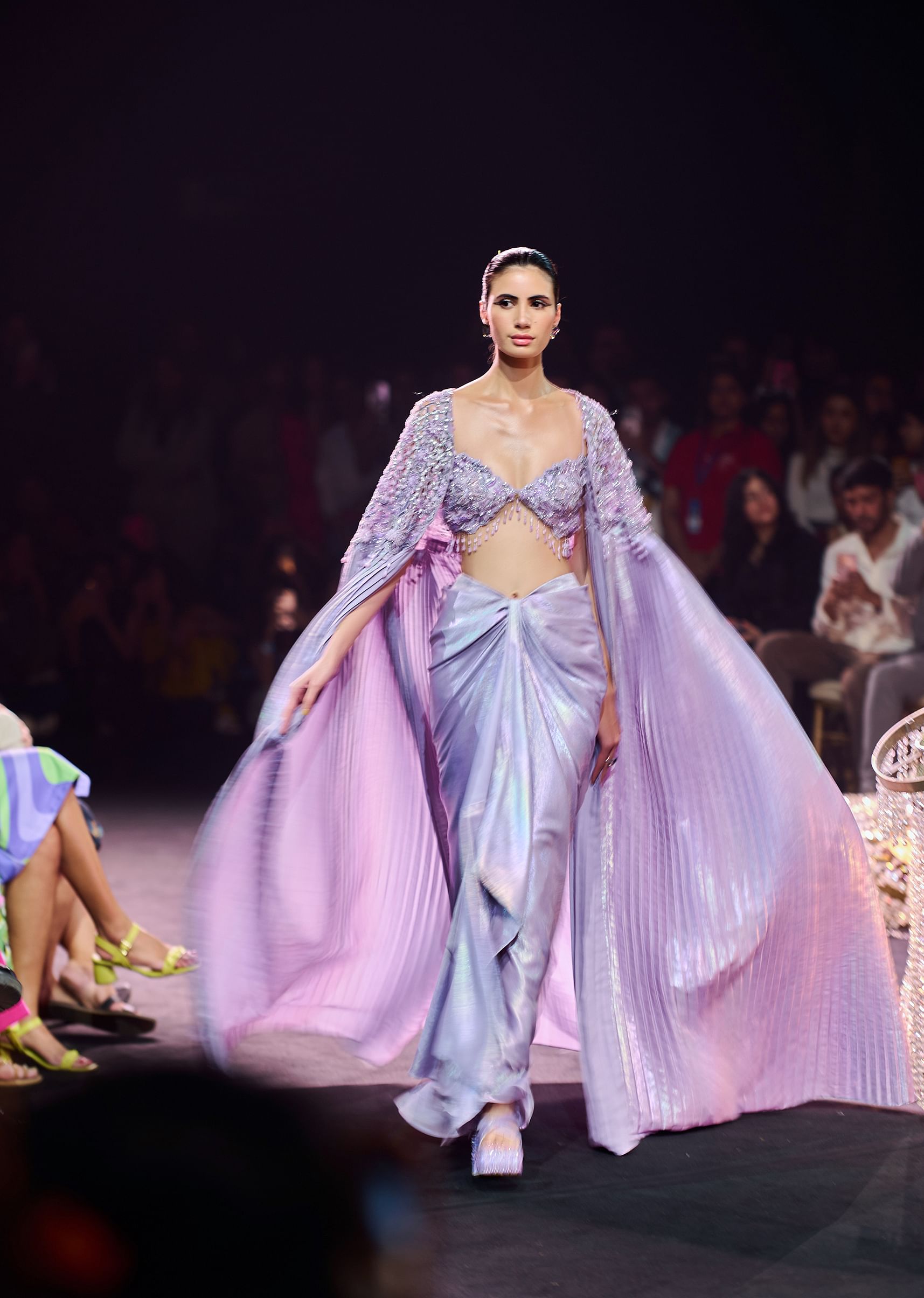Buy Lilac Foil Print Draped Skirt With Bustier And Pleated Cape KALKI Fashion Global