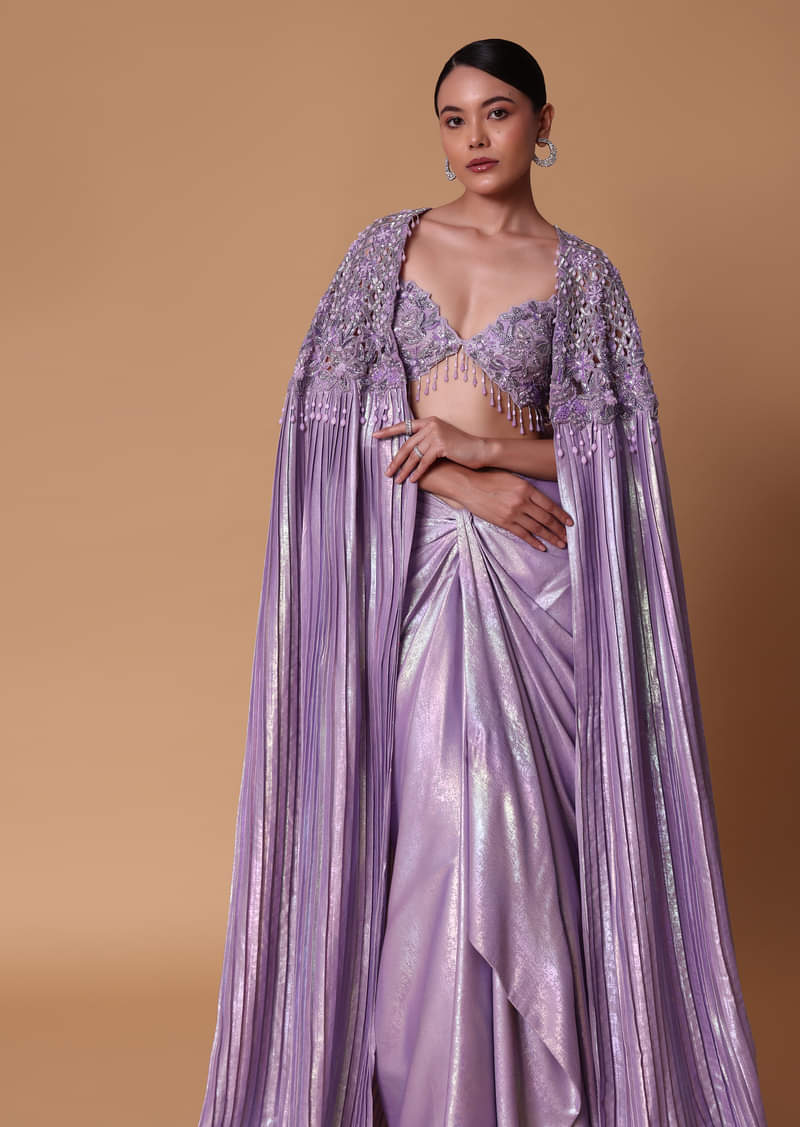 Lilac Foil Print Draped Skirt With Bustier And Pleated Cape