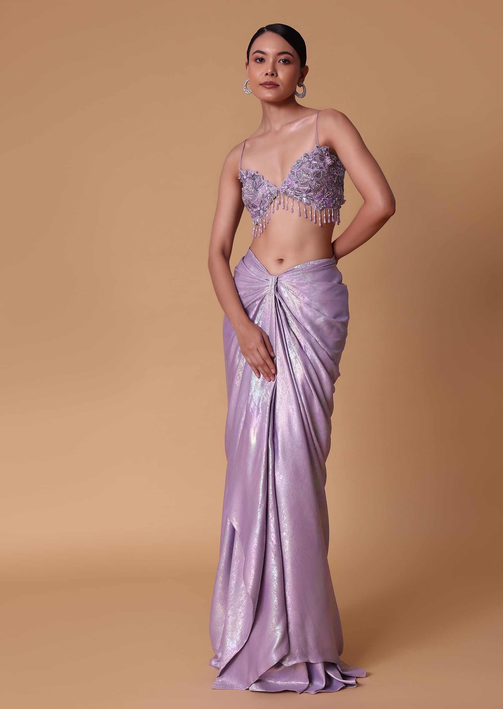 Buy Lilac Foil Print Draped Skirt With Bustier And Pleated Cape