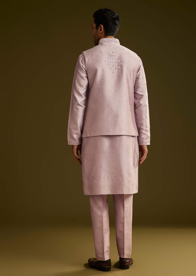 Lilac Kurta Set In Cotton Silk With Mirror Threadwork Jacket