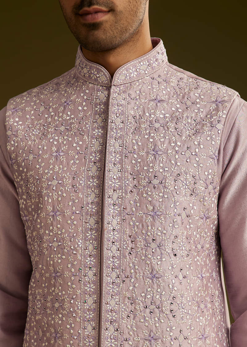 Lilac Kurta Set In Cotton Silk With Mirror Threadwork Jacket