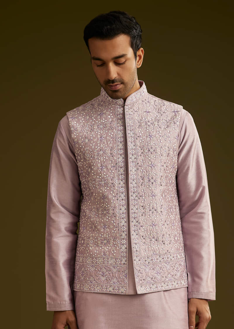 Lilac Kurta Set In Cotton Silk With Mirror Threadwork Jacket