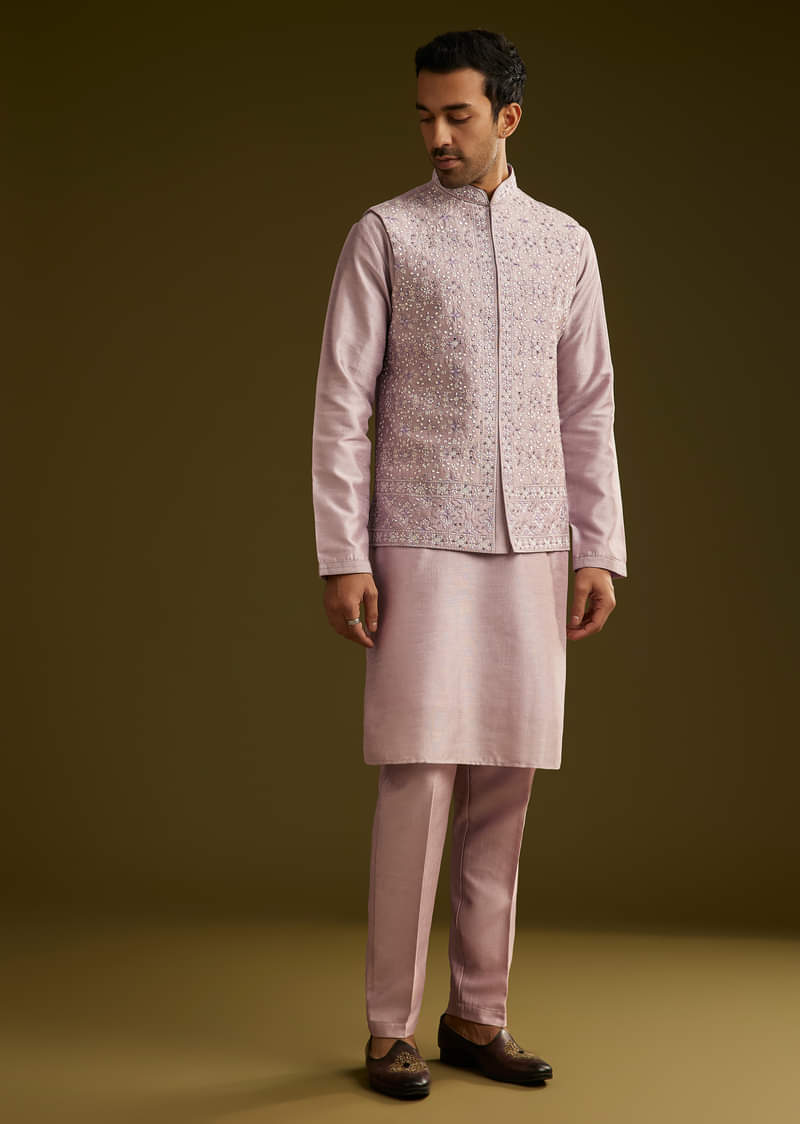 Lilac Kurta Set In Cotton Silk With Mirror Threadwork Jacket