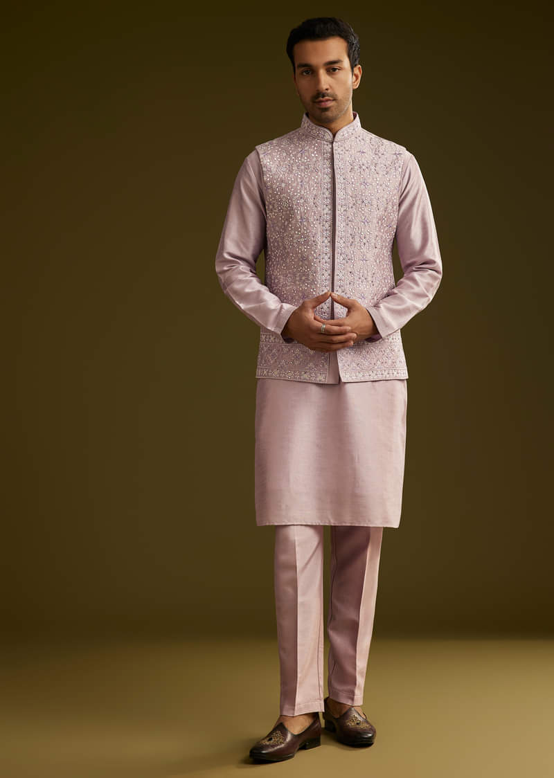 Lilac Kurta Set In Cotton Silk With Mirror Threadwork Jacket