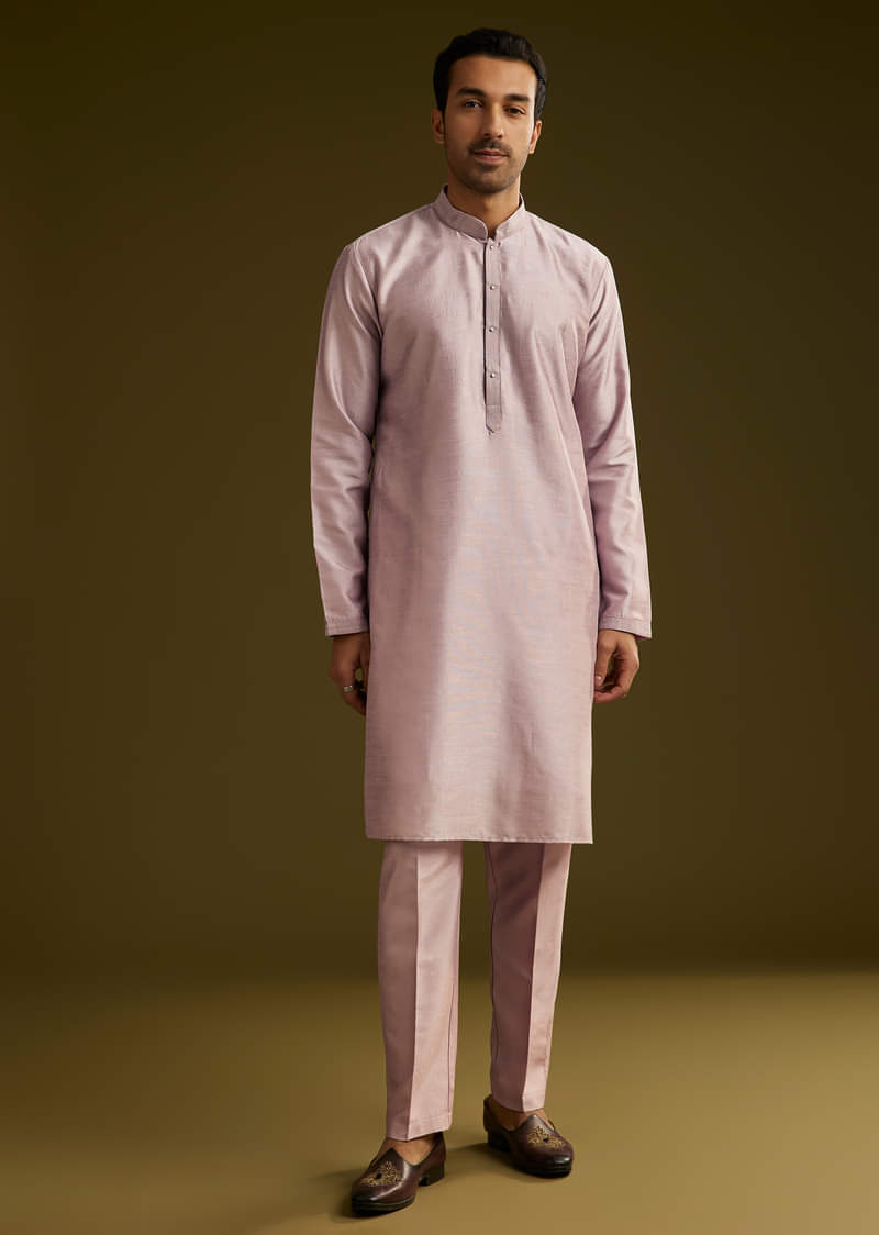 Lilac Kurta Set In Cotton Silk With Mirror Threadwork Jacket