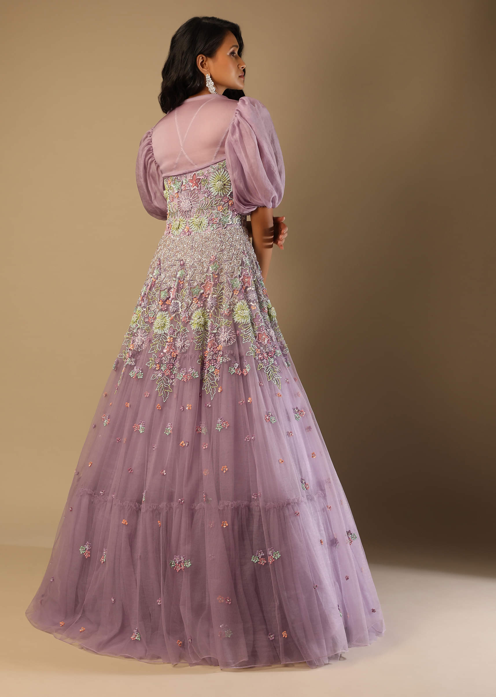 Buy Lilac Mauve Gown In Net With Multi Colored Beads
