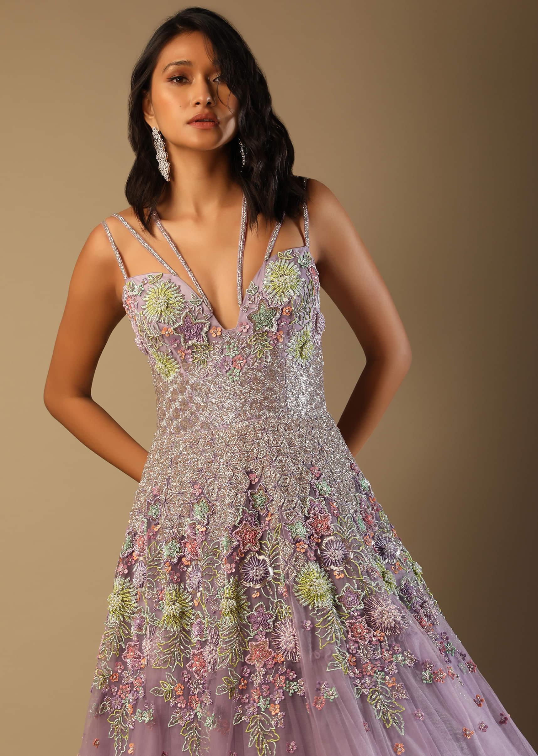 Buy Lilac Mauve Gown In Net With Multi Colored Beads