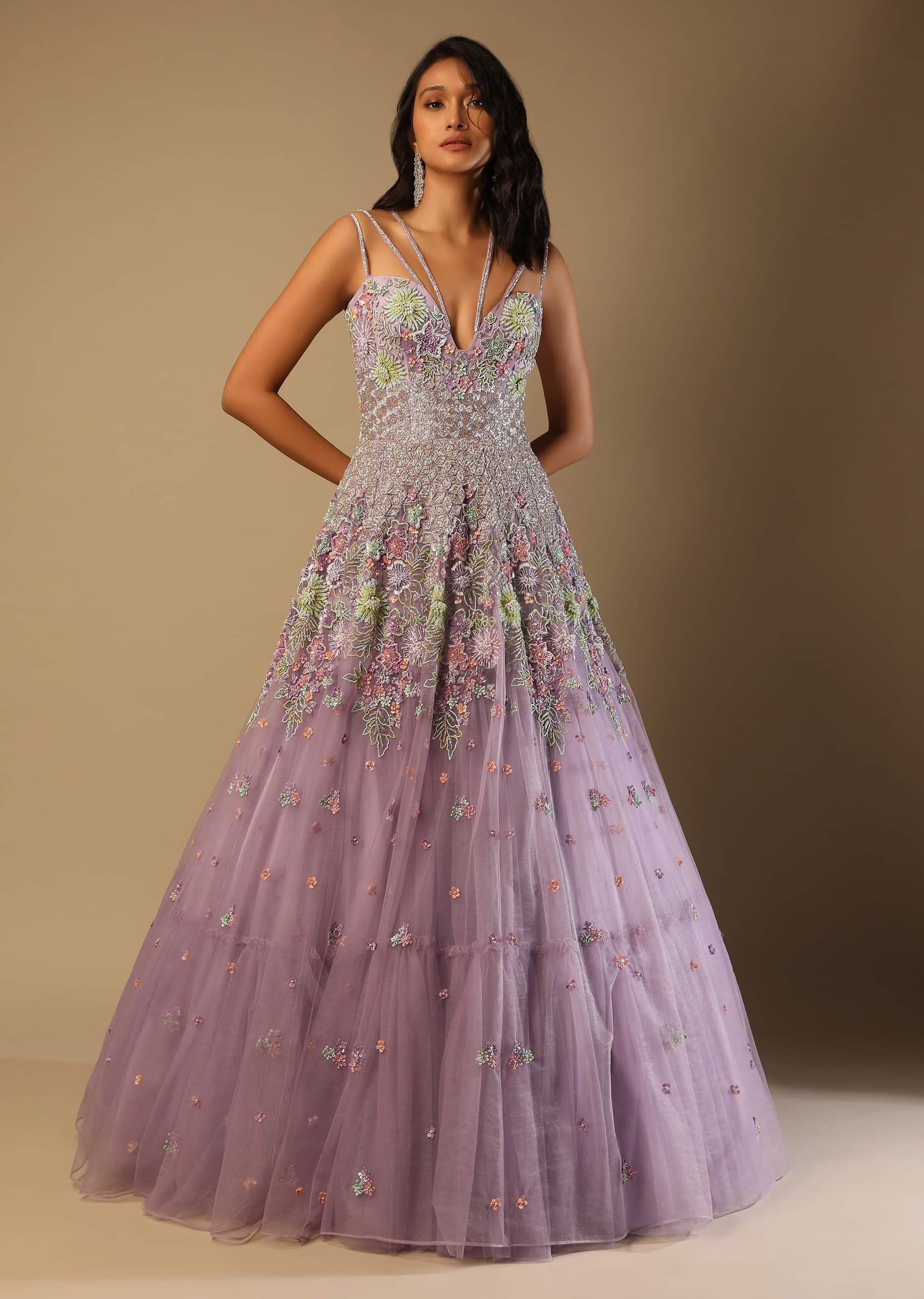 KAREN MILLEN 日本未入荷 刺繍 花柄 フレアドレス Vネック Buy Lilac Mauve Gown In Net With Multi Colored Beads