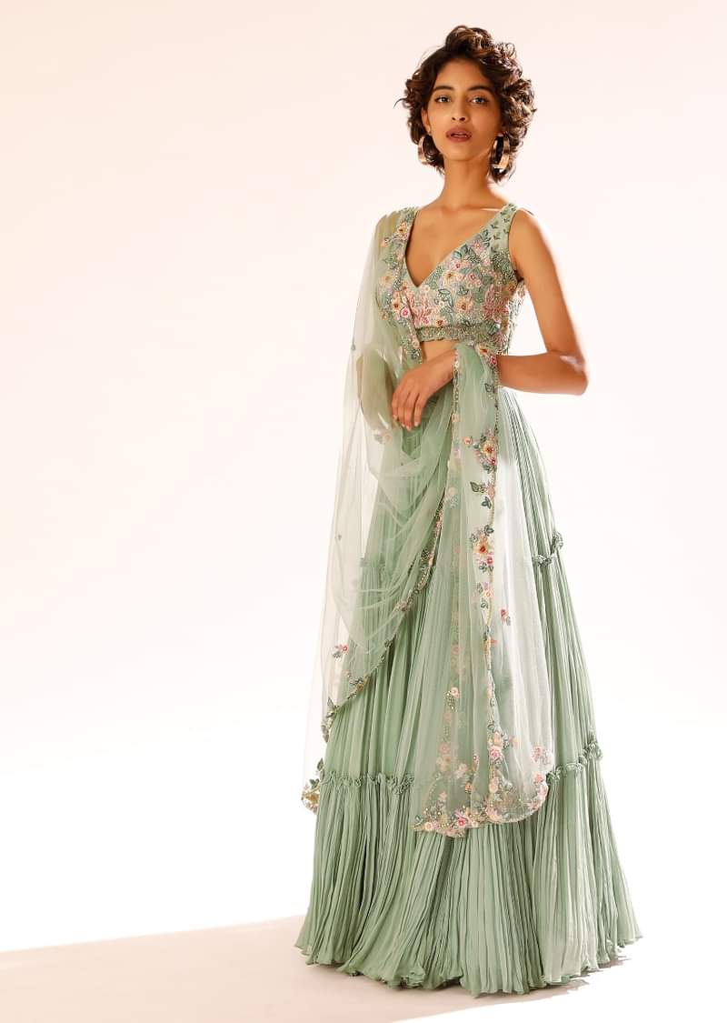 Lily Green Tiered Lehenga With Colorful Resham And Moti Embroidery In Floral Motifs 