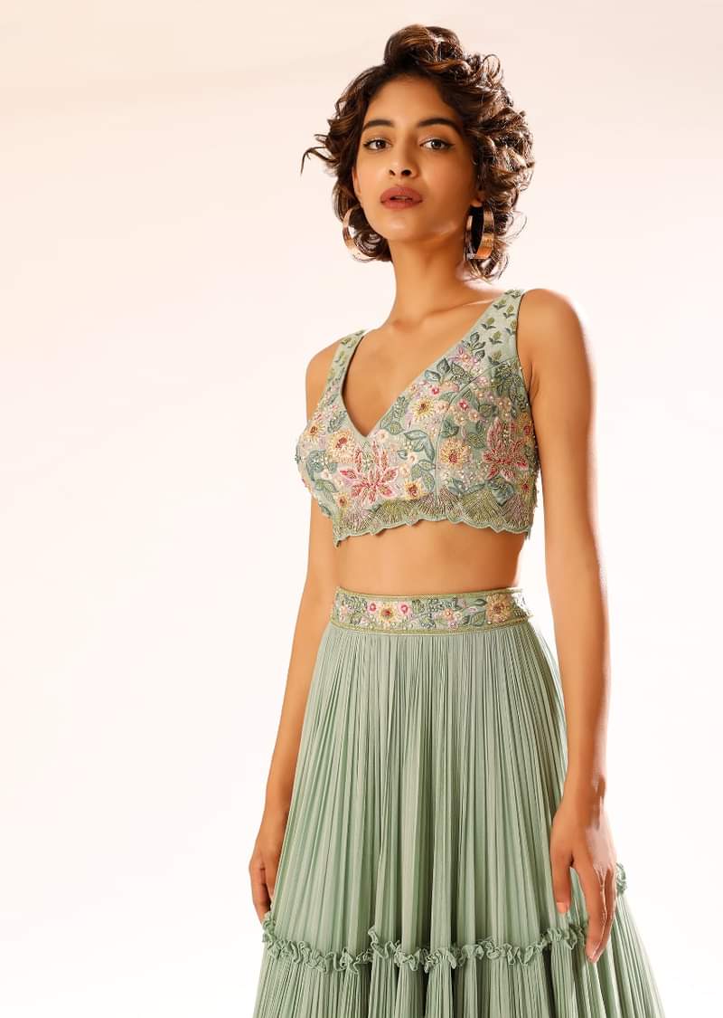 Lily Green Tiered Lehenga With Colorful Resham And Moti Embroidery In Floral Motifs 