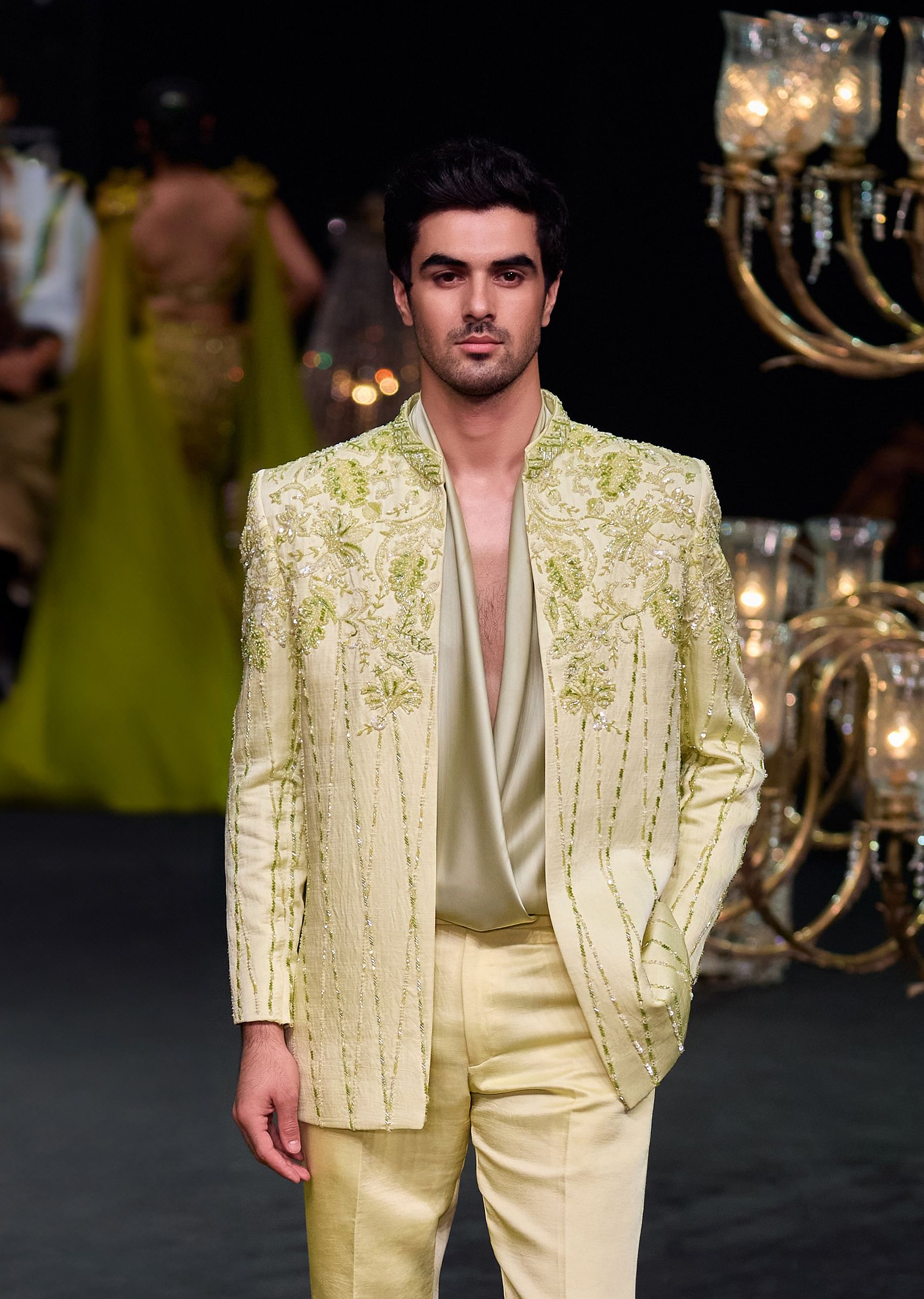 Buy Lime Bandhgala Jacket And Pant Set With Floral Embroidery KALKI Fashion India
