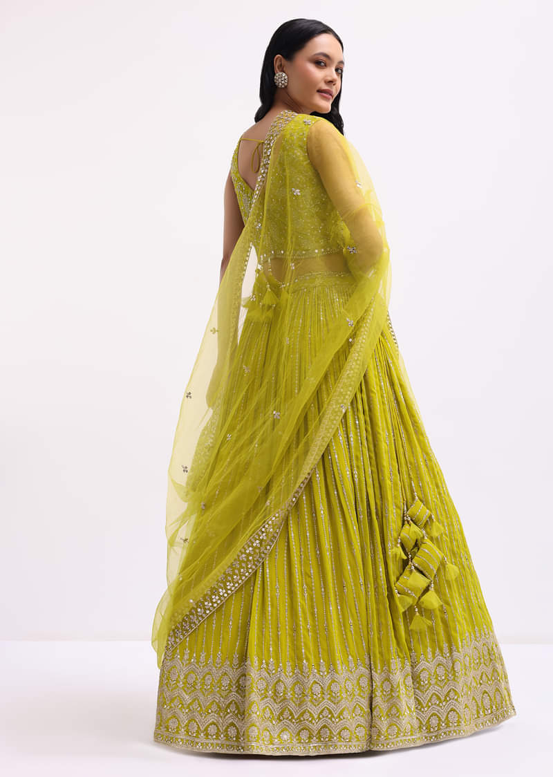 Lime Green Embroidered Georgette Lehenga Choli Set