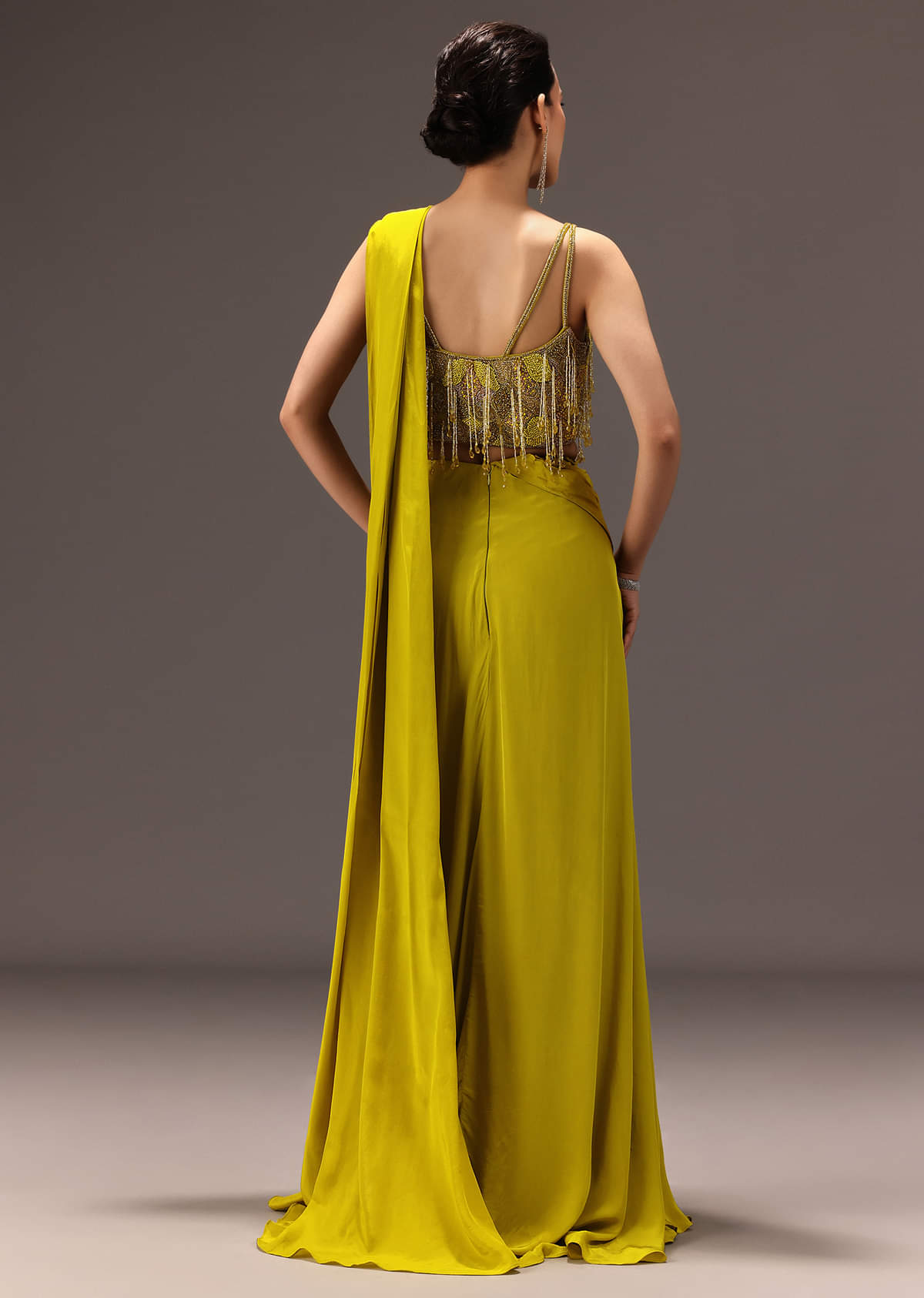 Lime Green Semi Stitched Net Saree With Embroidered Blouse