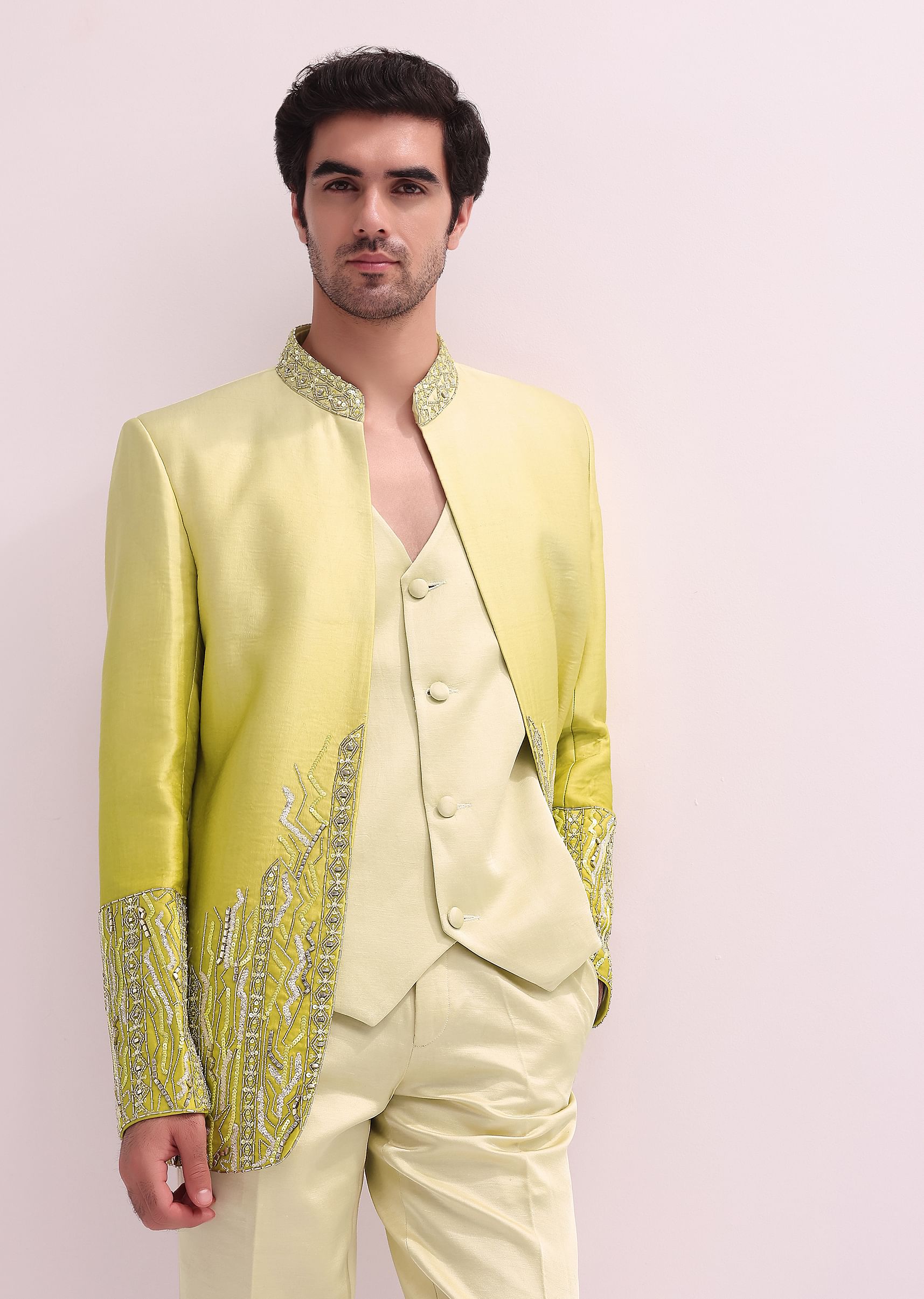 Buy Lime Hand Embellished Open Jacket With Waistcoat And Pants KALKI Fashion India