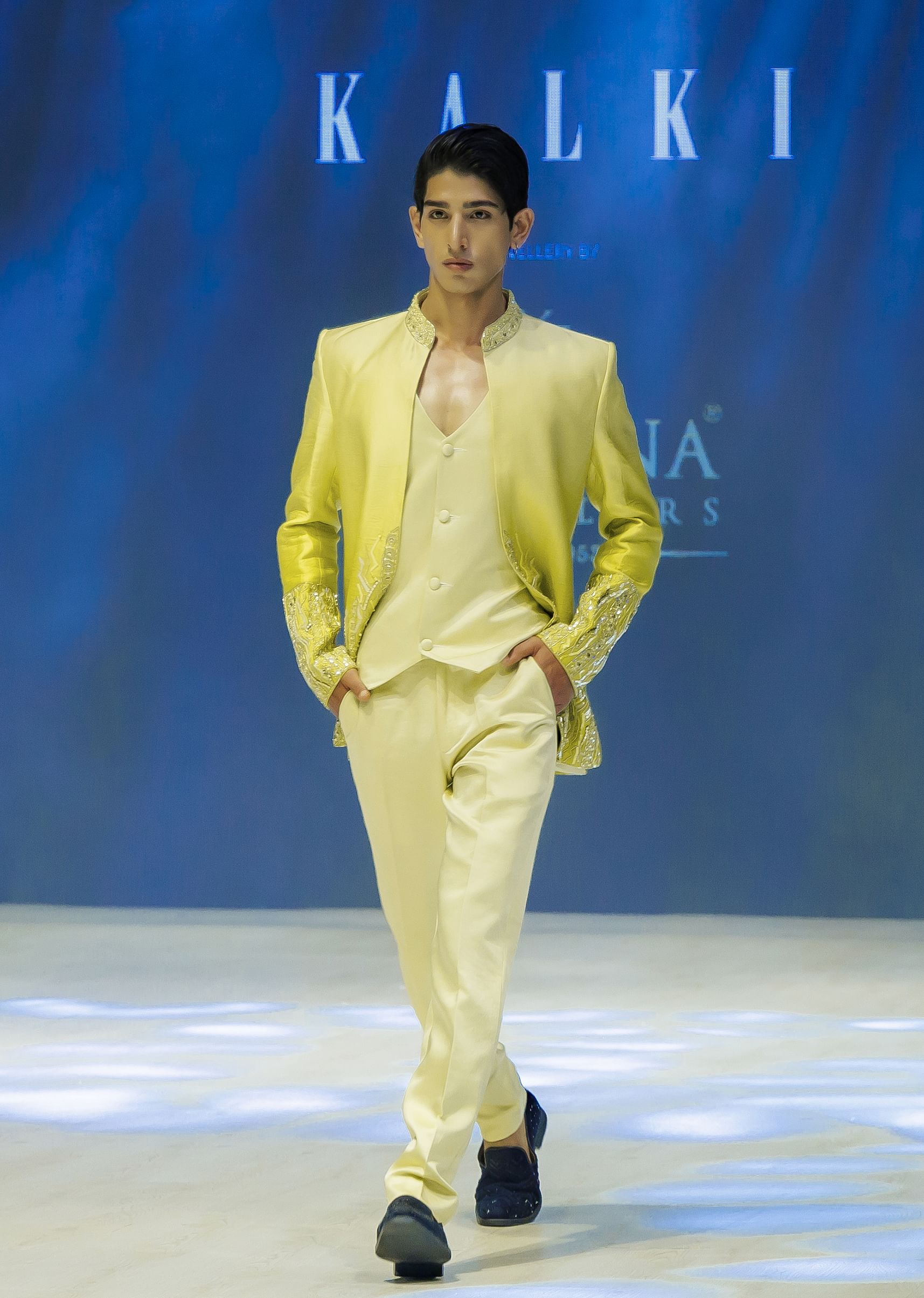 Buy Lime Hand Embellished Open Jacket With Waistcoat And Pants KALKI Fashion India