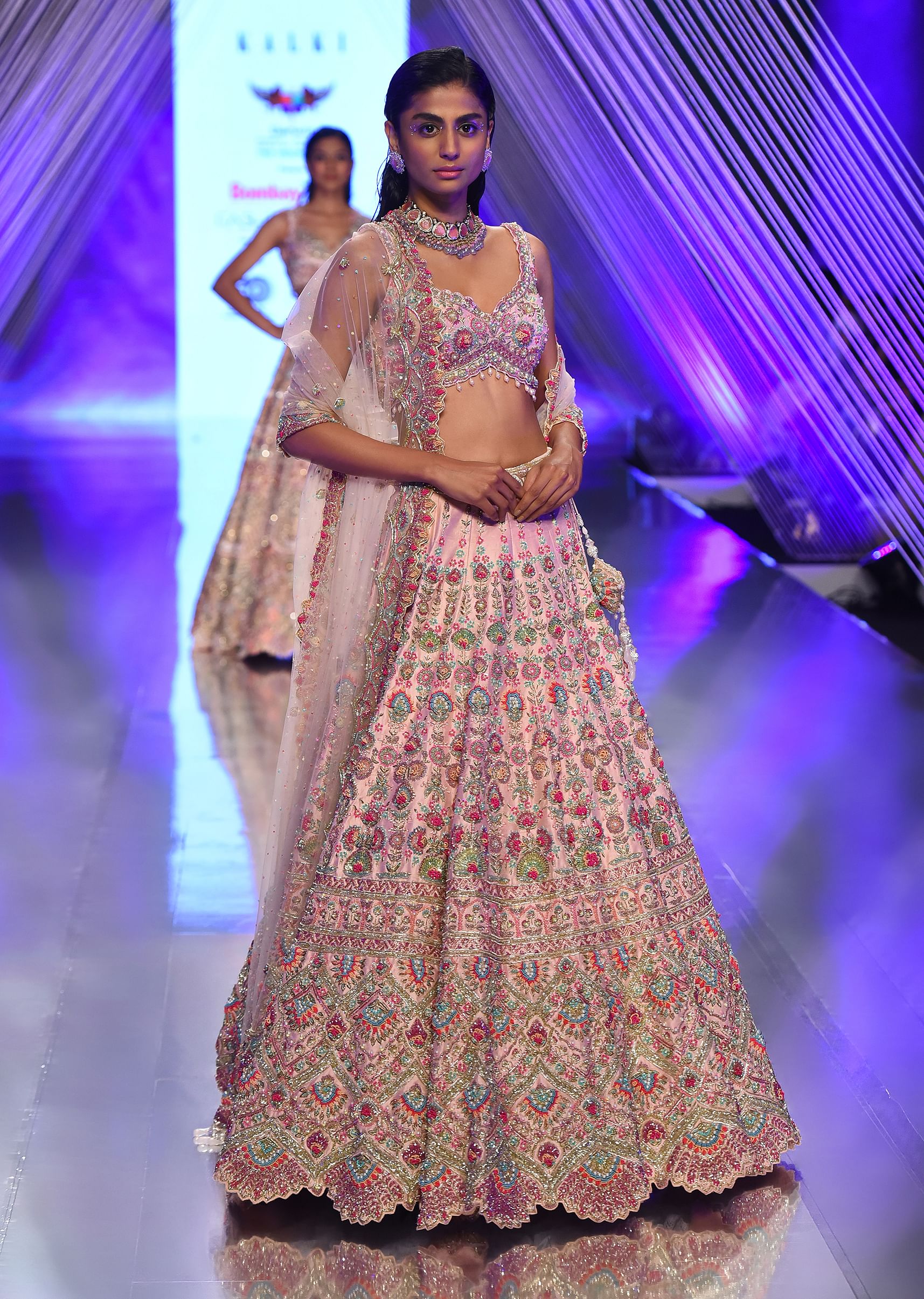 Buy Pastel Pink Lehenga With A Crop Top In Multi Colored Resham Embroidery Crop Top Comes In Sleeveless With Scalloped Neckline KALKI Fashion Global