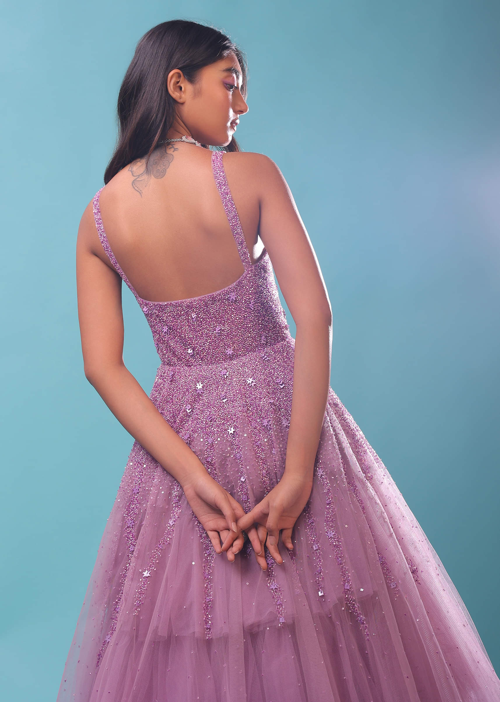 Buy Lilac Sleeveless Gown In Multi-Color Moti Embroidery