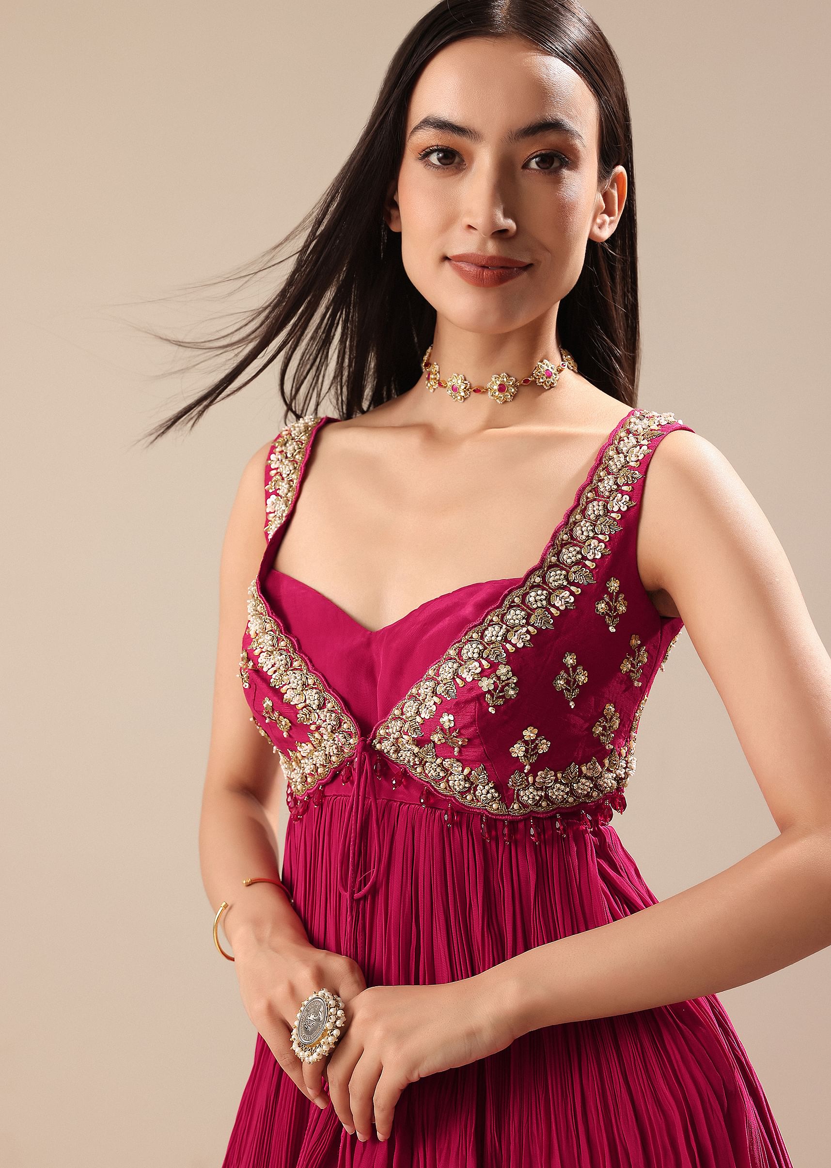 Buy Magenta Crepe Dhoti With Embroidered Blouse And Koti