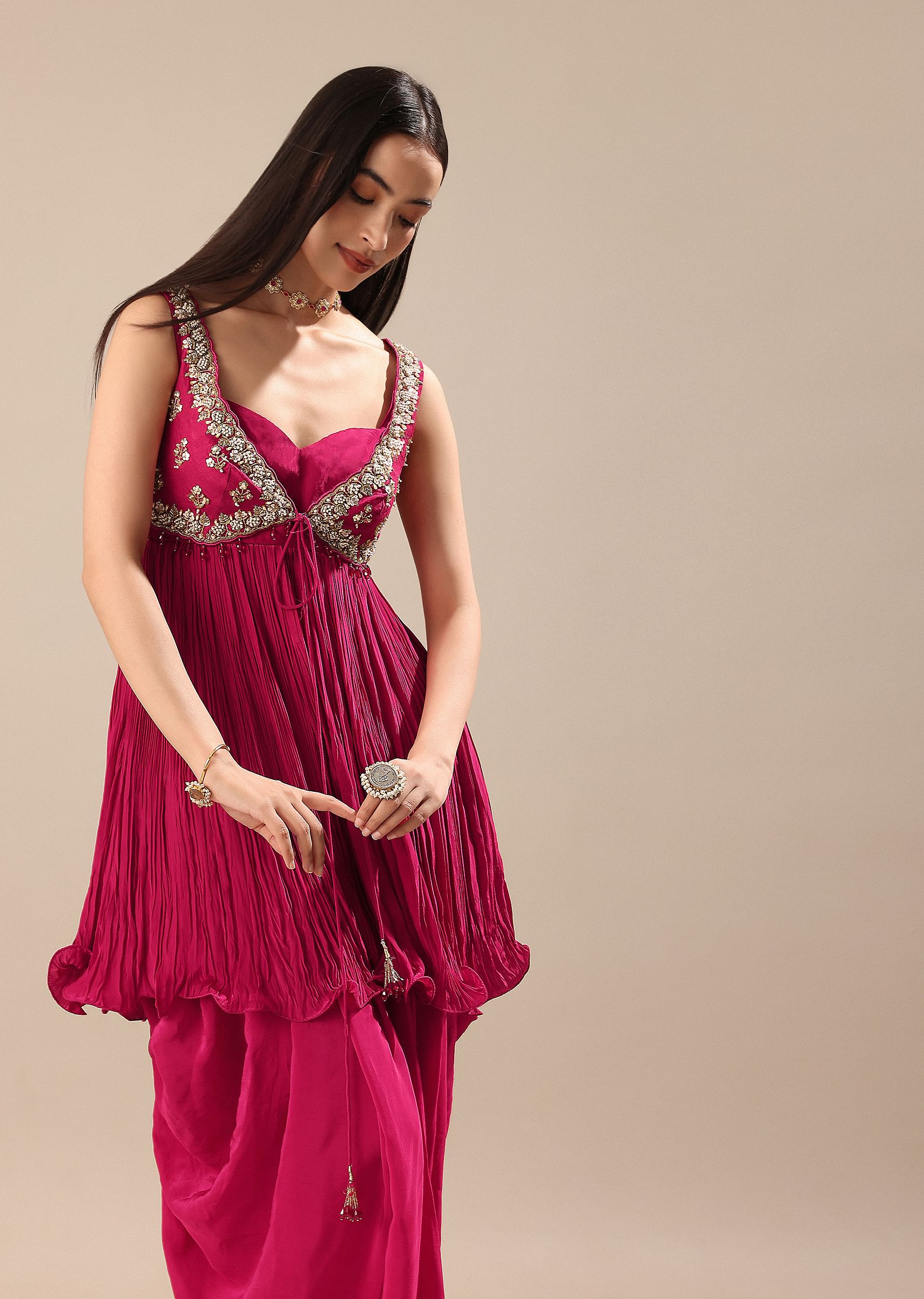 Buy Magenta Crepe Dhoti With Embroidered Blouse And Koti