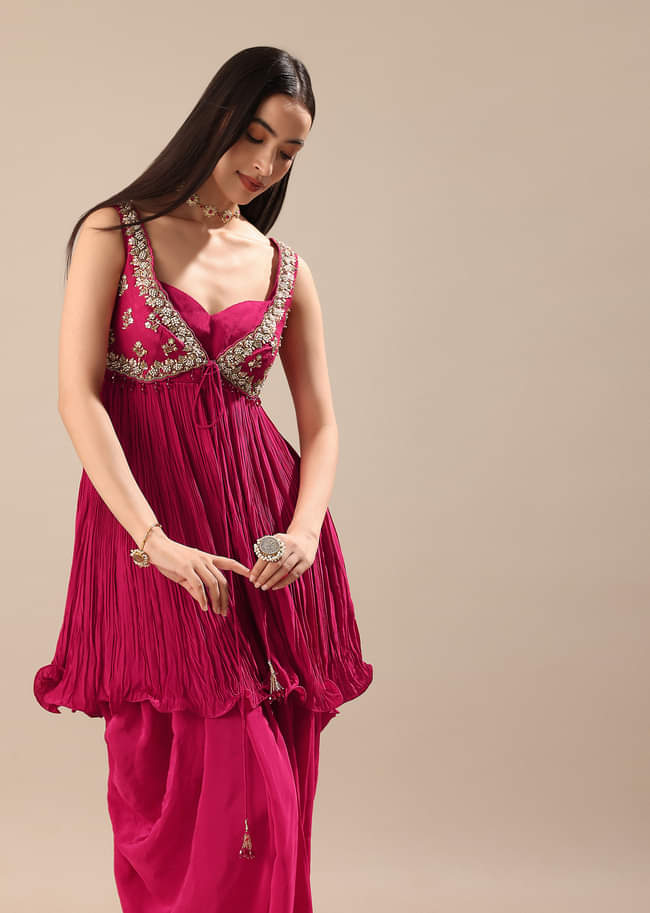 Magenta Crepe Dhoti With Embroidered Blouse And Koti