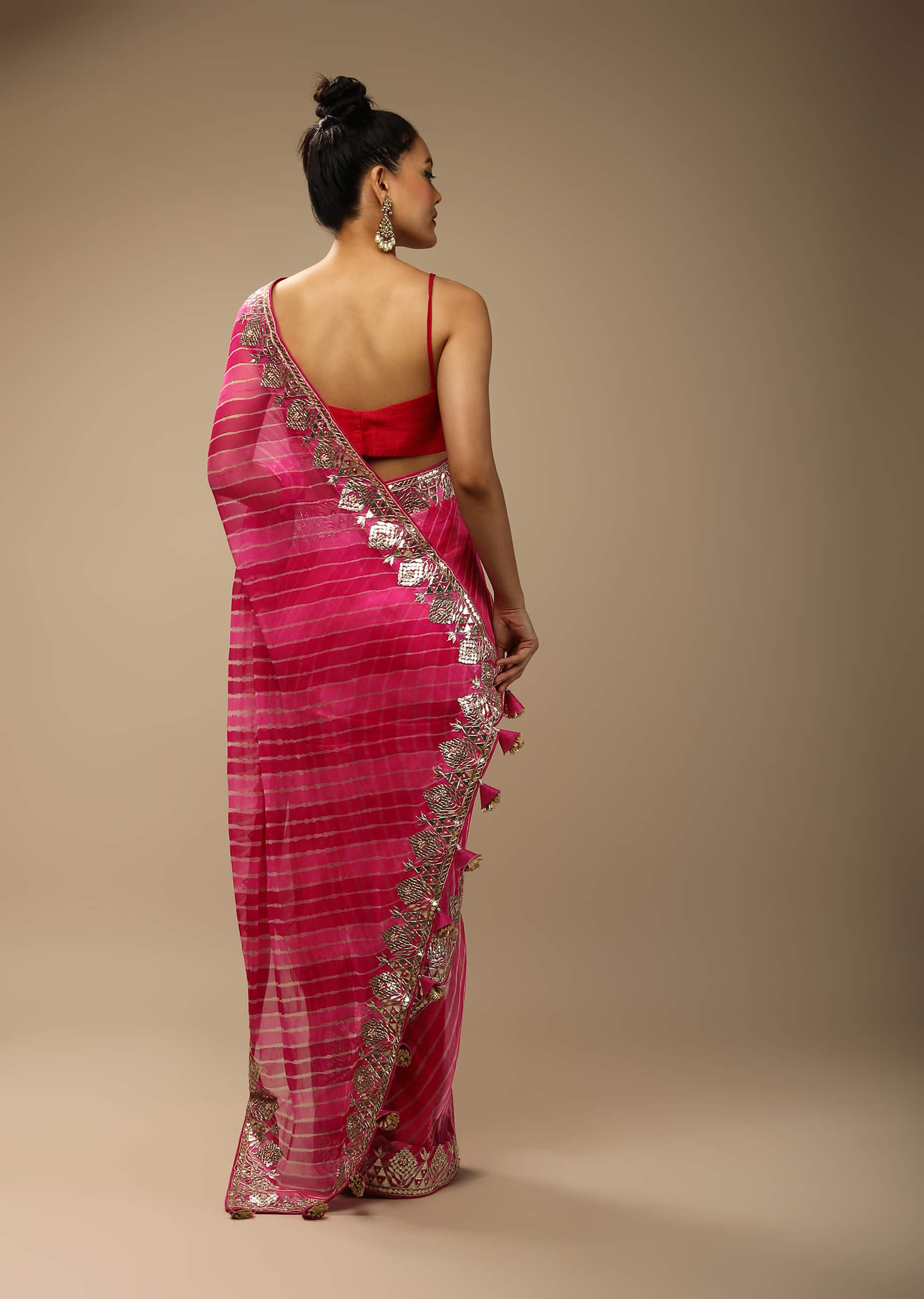 Buy Magenta Dual Toned Saree In Organza With Lehariya Print