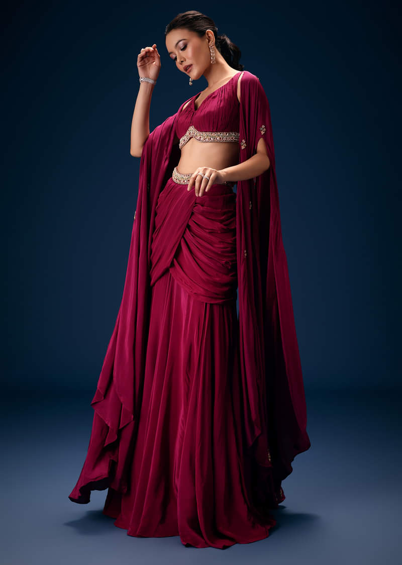 Magenta Fish Cut Draped Skirt With Hand Embroidered Blouse And Choker Dupatta