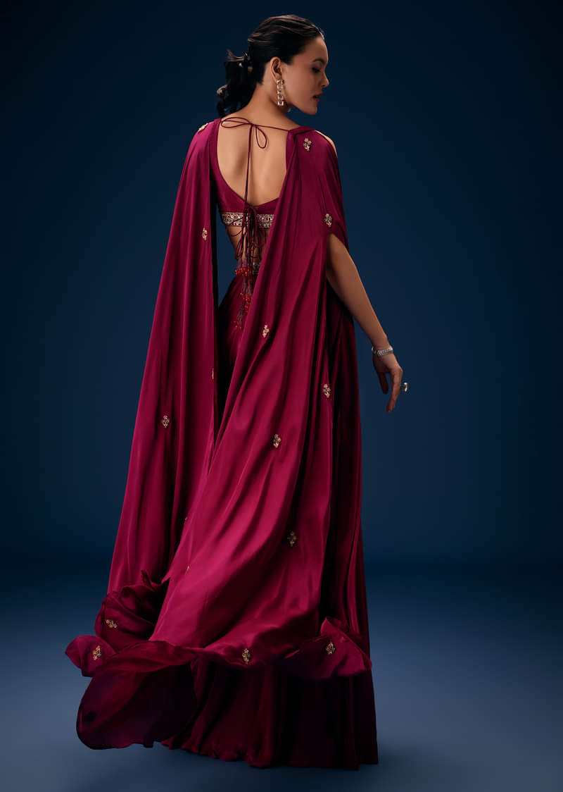 Magenta Fish Cut Draped Skirt With Hand Embroidered Blouse And Choker Dupatta