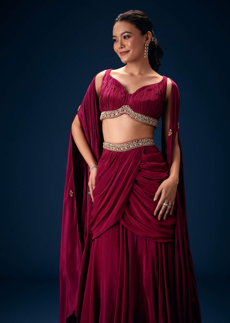 Magenta Fish Cut Draped Skirt With Hand Embroidered Blouse And Choker Dupatta