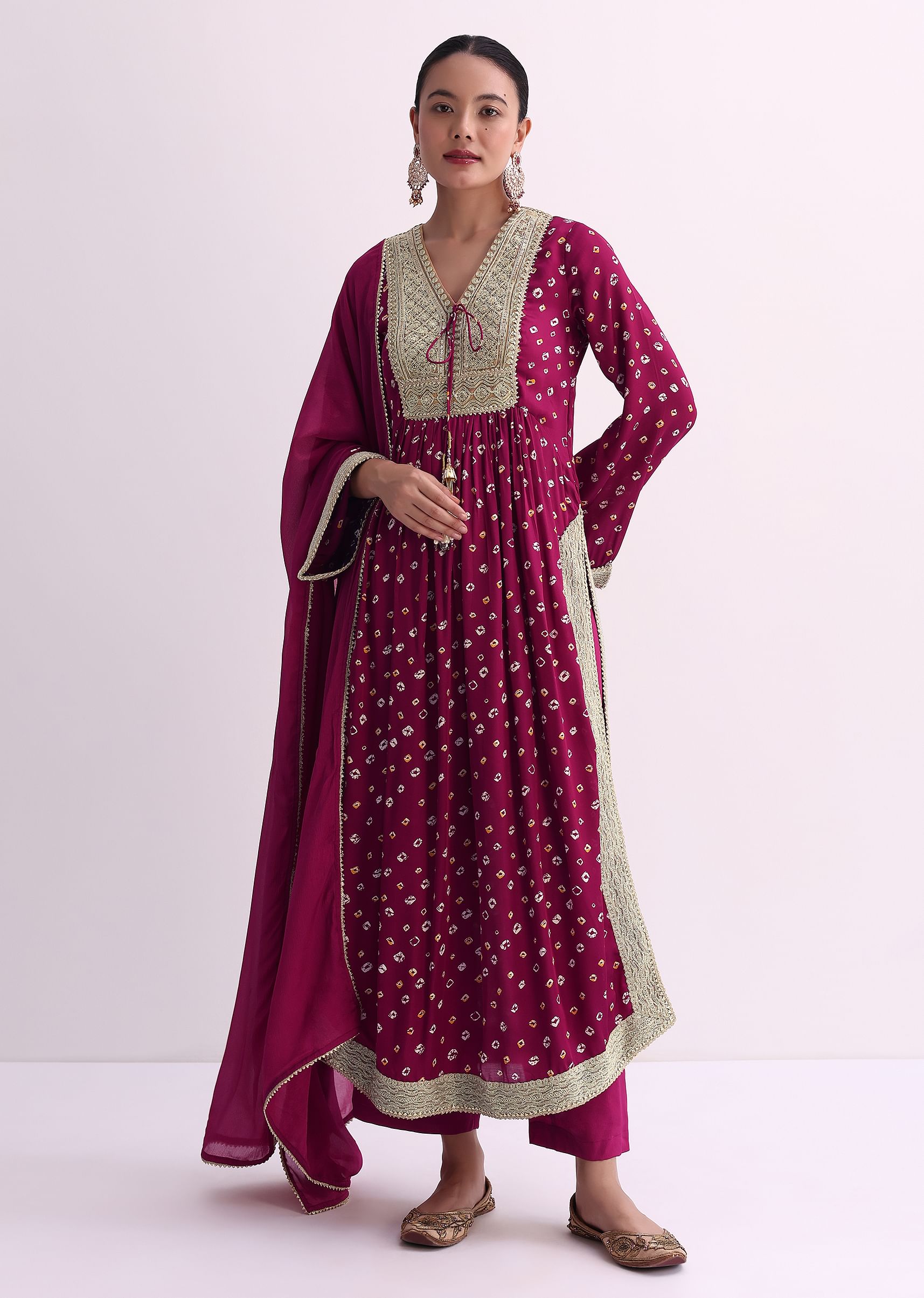 Buy Magenta Pink Bandhani Print Kurti Pant Set With Dupatta